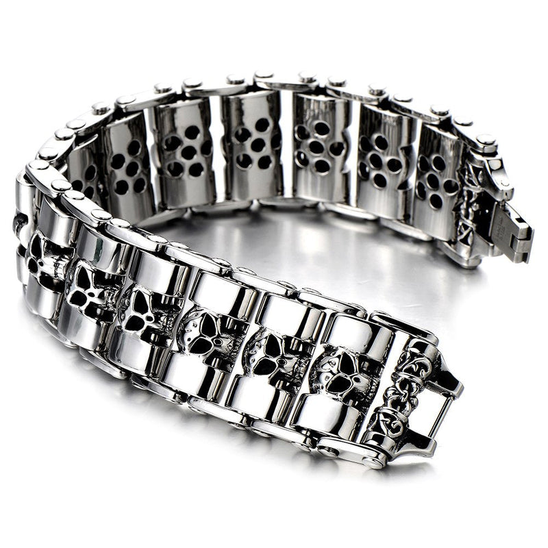 COOLSTEELANDBEYOND Heavy and Study Mens Stainless Steel Biker Skull Bracelet Silver Black Two-Tone Polished - coolsteelandbeyond