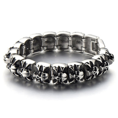 COOLSTEELANDBEYOND Heavy and Study Mens Stainless Steel Biker Skull Bracelet Silver Black Two-Tone Polished - coolsteelandbeyond