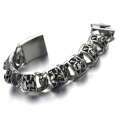 COOLSTEELANDBEYOND Heavy and Study Mens Stainless Steel Biker Skull Bracelet Silver Black Two-Tone Polished - coolsteelandbeyond