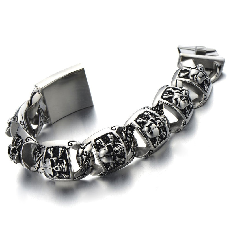 COOLSTEELANDBEYOND Heavy and Study Mens Stainless Steel Biker Skull Bracelet Silver Black Two-Tone Polished - coolsteelandbeyond