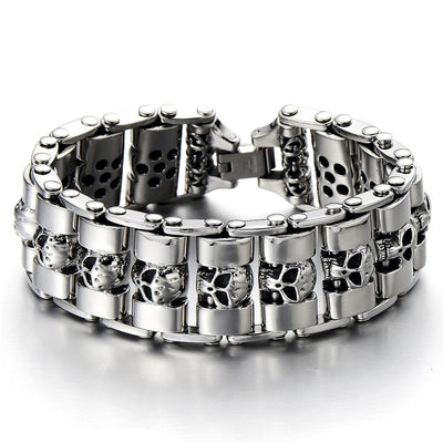 COOLSTEELANDBEYOND Heavy and Study Mens Stainless Steel Biker Skull Bracelet Silver Black Two-Tone Polished - coolsteelandbeyond