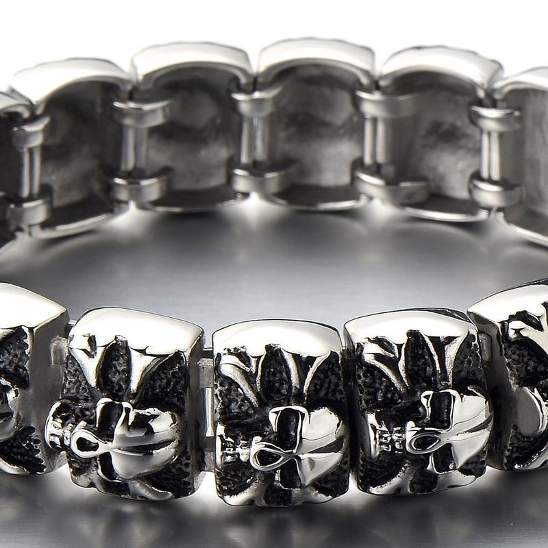 COOLSTEELANDBEYOND Heavy and Study Mens Stainless Steel Biker Skull Bracelet Silver Black Two-Tone Polished - coolsteelandbeyond