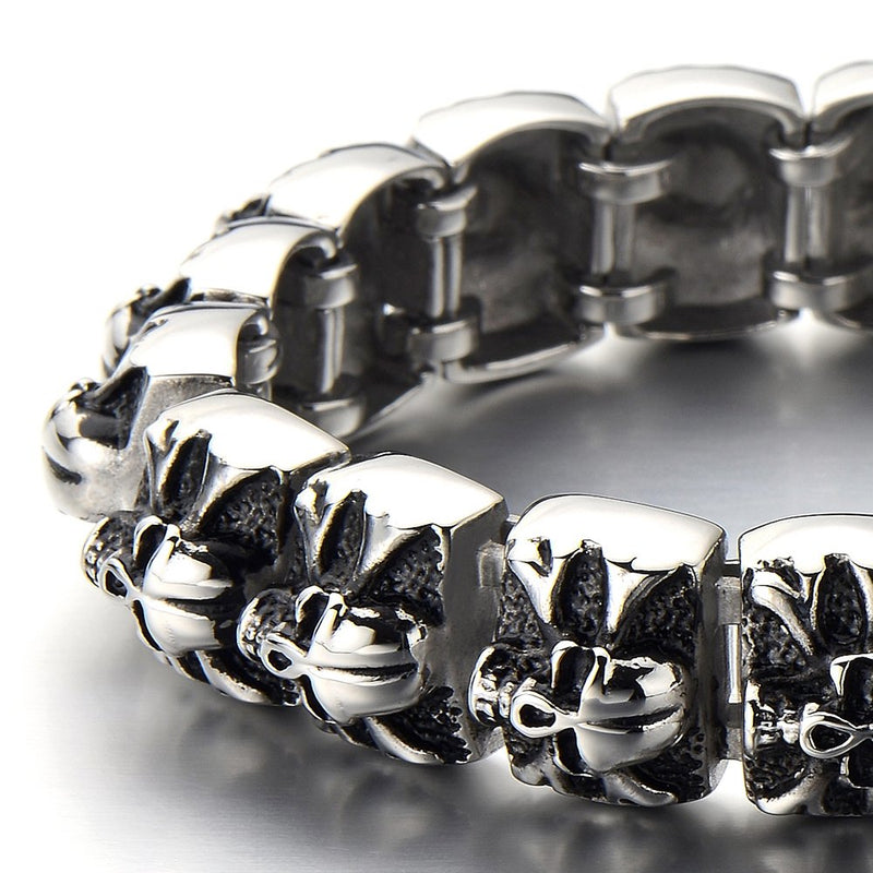 COOLSTEELANDBEYOND Heavy and Study Mens Stainless Steel Biker Skull Bracelet Silver Black Two-Tone Polished - coolsteelandbeyond