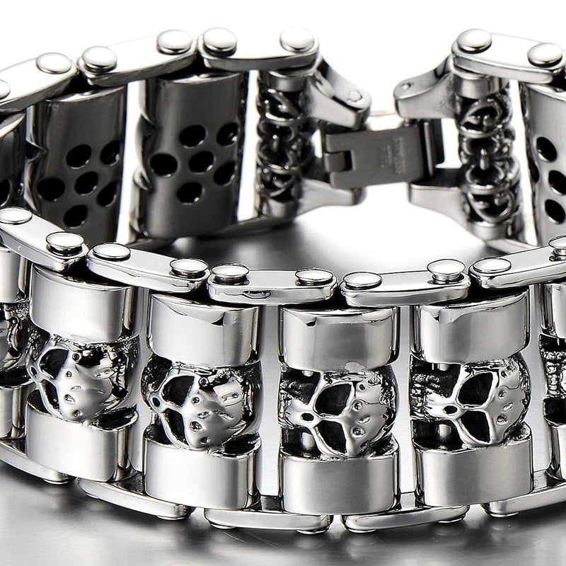 COOLSTEELANDBEYOND Heavy and Study Mens Stainless Steel Biker Skull Bracelet Silver Black Two-Tone Polished - coolsteelandbeyond