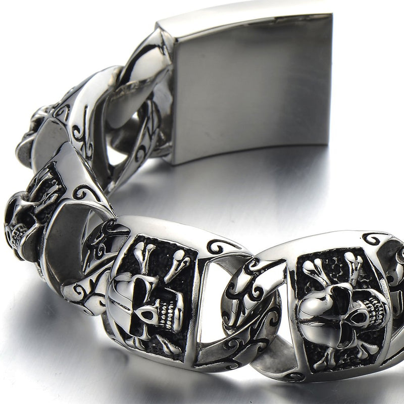 COOLSTEELANDBEYOND Heavy and Study Mens Stainless Steel Biker Skull Bracelet Silver Black Two-Tone Polished - coolsteelandbeyond