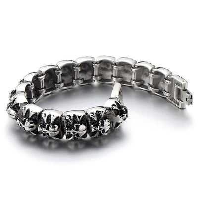 COOLSTEELANDBEYOND Heavy and Study Mens Stainless Steel Biker Skull Bracelet Silver Black Two-Tone Polished - coolsteelandbeyond