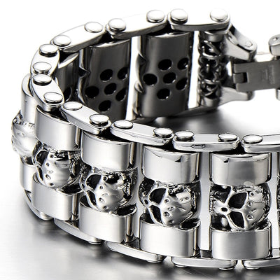 COOLSTEELANDBEYOND Heavy and Study Mens Stainless Steel Biker Skull Bracelet Silver Black Two-Tone Polished - coolsteelandbeyond