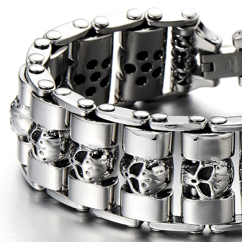 COOLSTEELANDBEYOND Heavy and Study Mens Stainless Steel Biker Skull Bracelet Silver Black Two-Tone Polished - coolsteelandbeyond