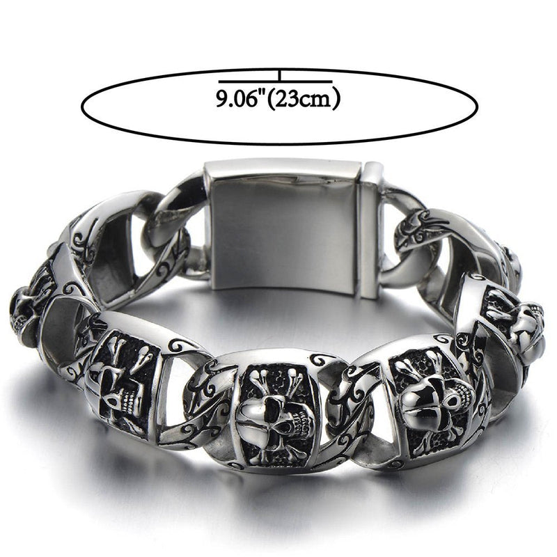 COOLSTEELANDBEYOND Heavy and Study Mens Stainless Steel Biker Skull Bracelet Silver Black Two-Tone Polished - coolsteelandbeyond