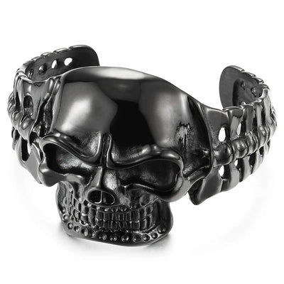 Heavy and Study Mens Stainless Steel Biker Skull Cuff Bangle Bracelet Silver Black Two-Tone Polished - COOLSTEELANDBEYOND Jewelry