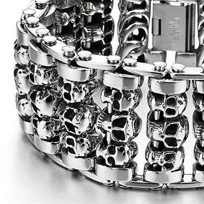 COOLSTEELANDBEYOND Heavy and Study Mens Steel Large Link Chain Motorcycle Bike Chain Bracelet with Skulls Polished - coolsteelandbeyond