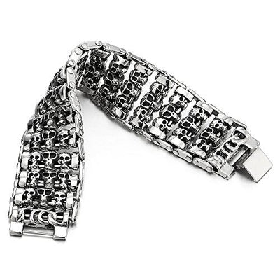 COOLSTEELANDBEYOND Heavy and Study Mens Steel Large Link Chain Motorcycle Bike Chain Bracelet with Skulls Polished - coolsteelandbeyond