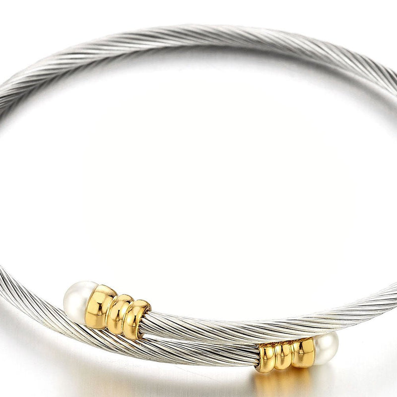 Ladies Elastic Adjustable Steel Bangle Bracelet and Ring with White Pearl