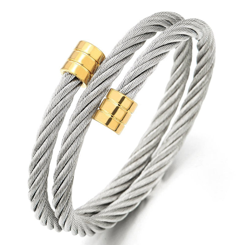 Ladies Mens Silver Gold Two-Lap Steel Cuff Bangle Bracelet Elastic Adjustable