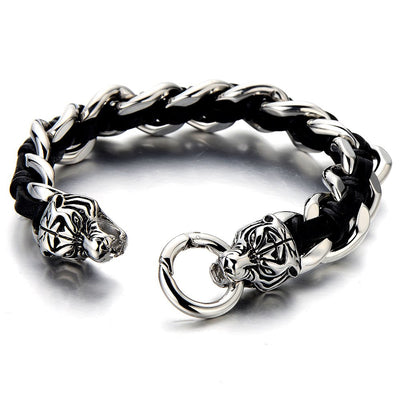 COOLSTEELANDBEYOND Large Stainless Steel Mens Roaring Tiger Braided Curb Chain Bracelet with Black Leather Retro Style - coolsteelandbeyond