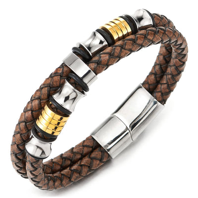 Men Double-Row Rough Rusty Brown Braided Leather Bracelet Bangle Wristband, Silver Gold Steel Ornament - COOLSTEELANDBEYOND Jewelry