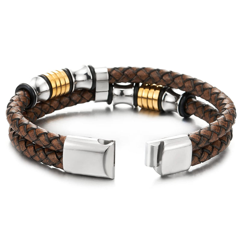 Men Double-Row Rough Rusty Brown Braided Leather Bracelet Bangle Wristband, Silver Gold Steel Ornament - COOLSTEELANDBEYOND Jewelry