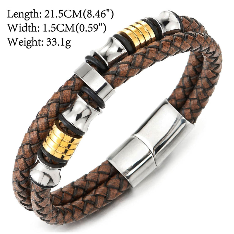 Men Double-Row Rough Rusty Brown Braided Leather Bracelet Bangle Wristband, Silver Gold Steel Ornament - COOLSTEELANDBEYOND Jewelry