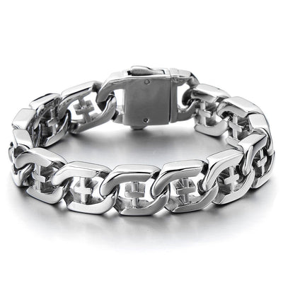 Men's Stainless Steel Curb Chain Bracelet with Cross Silver Color High Polished - COOLSTEELANDBEYOND Jewelry