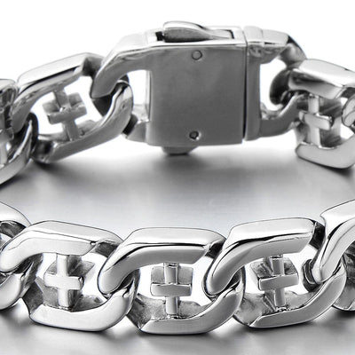 Men's Stainless Steel Curb Chain Bracelet with Cross Silver Color High Polished - COOLSTEELANDBEYOND Jewelry