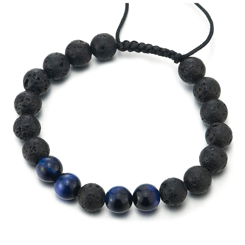 COOLSTEELANDBEYOND Men Women Matt Black Volcanic Lava Stone Bracelet with Black Blue Beads Charm Mala Adjustable - coolsteelandbeyond