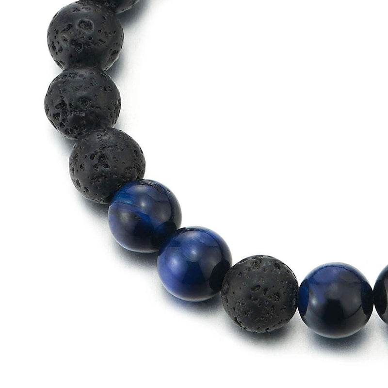 COOLSTEELANDBEYOND Men Women Matt Black Volcanic Lava Stone Bracelet with Black Blue Beads Charm Mala Adjustable - coolsteelandbeyond
