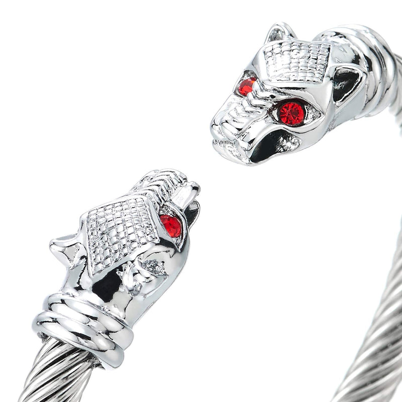 COOLSTEELANDBEYOND Men Women Steel Twisted Cable Bangle Cuff Bracelet, Leopard Head Red Cubic Zirconia Eyes Adjustable - coolsteelandbeyond