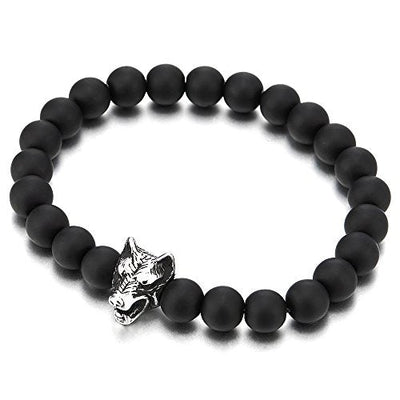 COOLSTEELANDBEYOND Mens 8MM Beads Bracelet with Stainless Steel Wolf Head Charm, Stretchable - coolsteelandbeyond