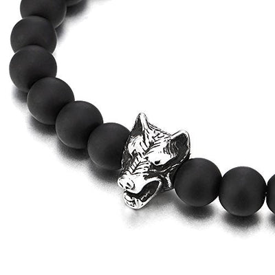 COOLSTEELANDBEYOND Mens 8MM Beads Bracelet with Stainless Steel Wolf Head Charm, Stretchable - coolsteelandbeyond