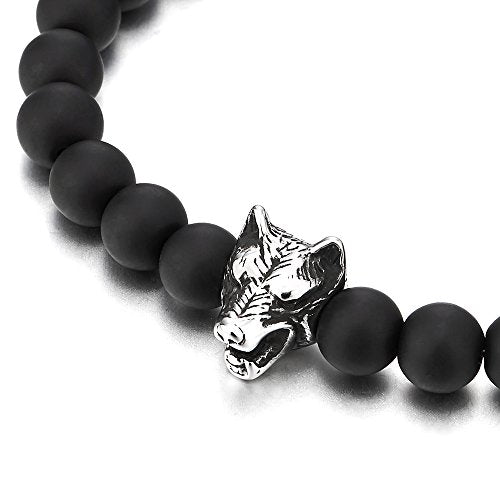 COOLSTEELANDBEYOND Mens 8MM Beads Bracelet with Stainless Steel Wolf Head Charm, Stretchable - coolsteelandbeyond