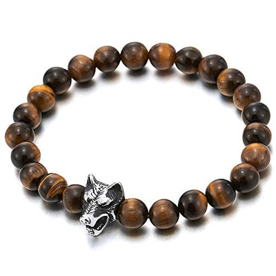 COOLSTEELANDBEYOND Mens 8MM Beads Bracelet with Stainless Steel Wolf Head Charm, Stretchable - coolsteelandbeyond