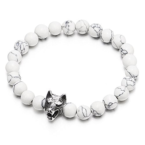 COOLSTEELANDBEYOND Mens 8MM Beads Bracelet with Stainless Steel Wolf Head Charm, Stretchable - coolsteelandbeyond