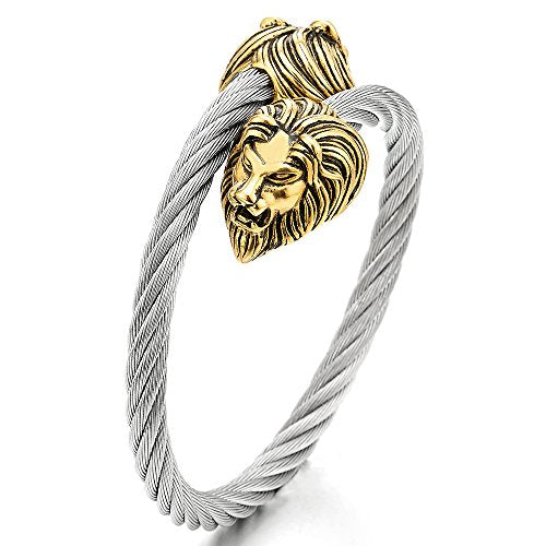COOLSTEELANDBEYOND Mens Adjustable Stainless Steel Twisted Cable Cuff Bangle Bracelet with Vintage Gold Color Lion Head - coolsteelandbeyond