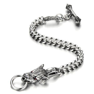 COOLSTEELANDBEYOND Mens Biker Gothic Stainless Steel Wolf Curb Chain Bracelet with Red Cubic Zirconia Toggle Clasp - coolsteelandbeyond