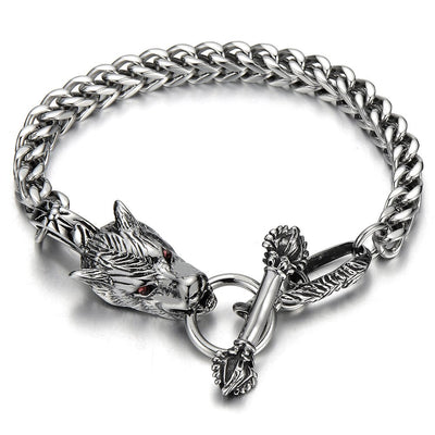 COOLSTEELANDBEYOND Mens Biker Gothic Stainless Steel Wolf Curb Chain Bracelet with Red Cubic Zirconia Toggle Clasp - coolsteelandbeyond