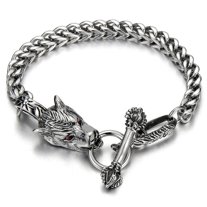 COOLSTEELANDBEYOND Mens Biker Gothic Stainless Steel Wolf Curb Chain Bracelet with Red Cubic Zirconia Toggle Clasp - coolsteelandbeyond