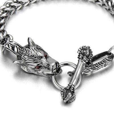 COOLSTEELANDBEYOND Mens Biker Gothic Stainless Steel Wolf Curb Chain Bracelet with Red Cubic Zirconia Toggle Clasp - coolsteelandbeyond