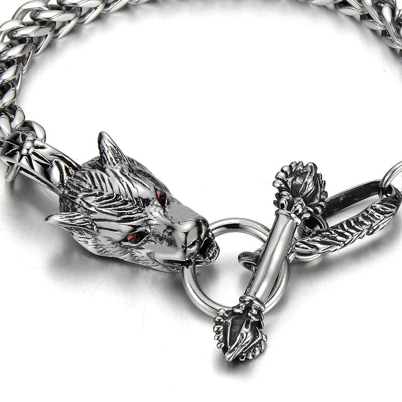COOLSTEELANDBEYOND Mens Biker Gothic Stainless Steel Wolf Curb Chain Bracelet with Red Cubic Zirconia Toggle Clasp - coolsteelandbeyond