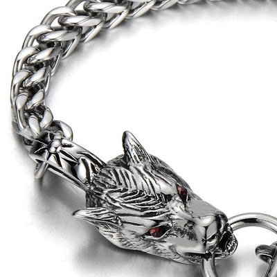 COOLSTEELANDBEYOND Mens Biker Gothic Stainless Steel Wolf Curb Chain Bracelet with Red Cubic Zirconia Toggle Clasp - coolsteelandbeyond