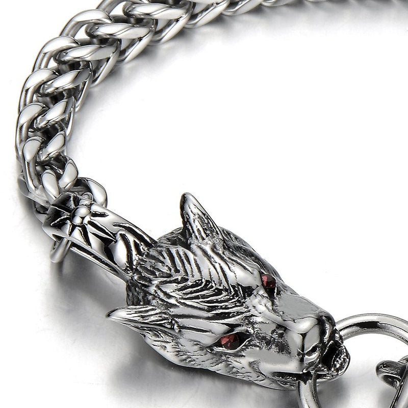 COOLSTEELANDBEYOND Mens Biker Gothic Stainless Steel Wolf Curb Chain Bracelet with Red Cubic Zirconia Toggle Clasp - coolsteelandbeyond