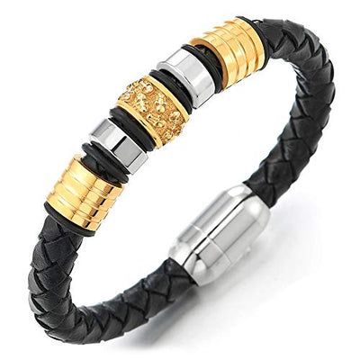 COOLSTEELANDBEYOND Mens Black Braided Leather Bracelet Bangle Wristband with Stainless Steel Skulls Charms Silver Gold - coolsteelandbeyond