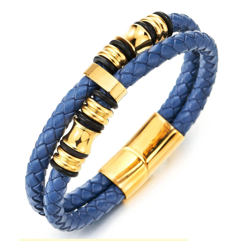 Mens Blue Braided Leather Bracelet Double-Row Bangle Wristband with Gold Color Steel Ornaments