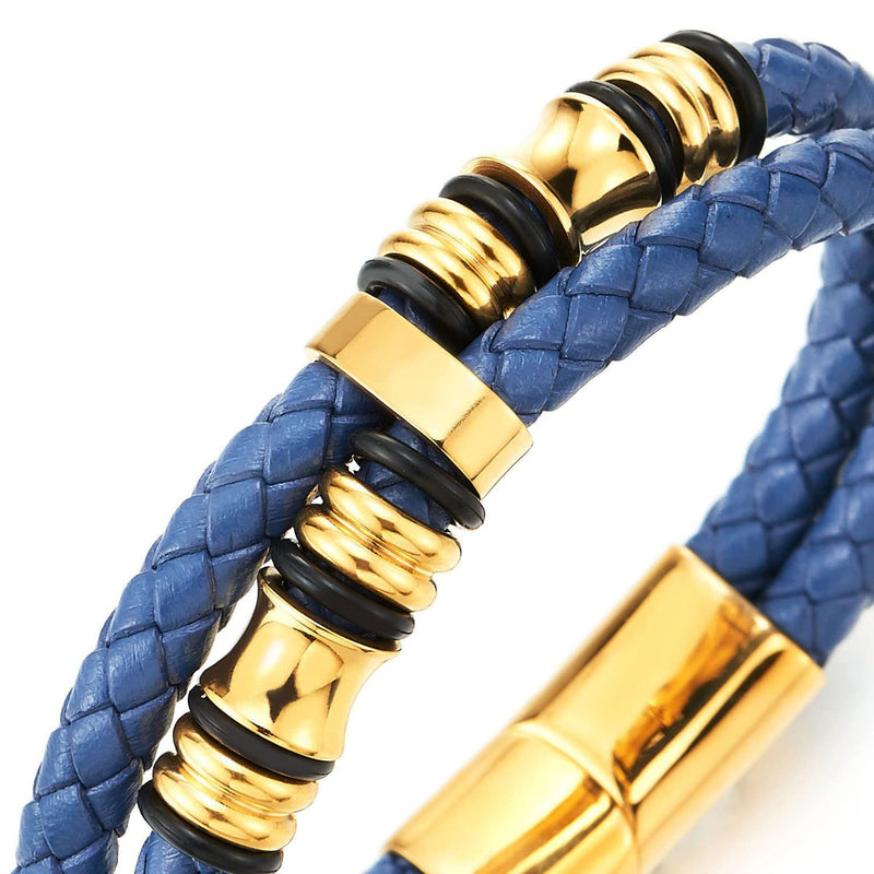 Mens Blue Braided Leather Bracelet Double-Row Bangle Wristband with Gold Color Steel Ornaments