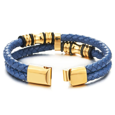 Mens Blue Braided Leather Bracelet Double-Row Bangle Wristband with Gold Color Steel Ornaments