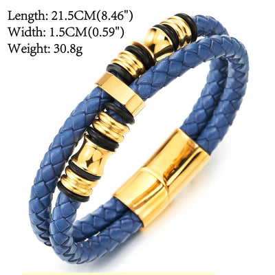 Mens Blue Braided Leather Bracelet Double-Row Bangle Wristband with Gold Color Steel Ornaments