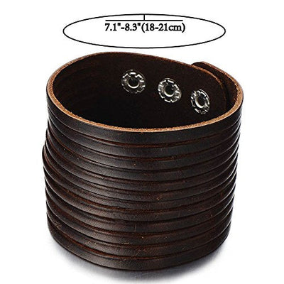 COOLSTEELANDBEYOND Mens Multi-Strand Wide Leather Bracelet Genuine Leather Wristband with Snap Button - coolsteelandbeyond