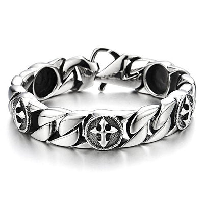 COOLSTEELANDBEYOND Mens Stainless Steel Curb Chain Link Bracelet with Vintage Cross Charms - coolsteelandbeyond