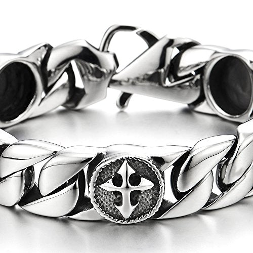 COOLSTEELANDBEYOND Mens Stainless Steel Curb Chain Link Bracelet with Vintage Cross Charms - coolsteelandbeyond