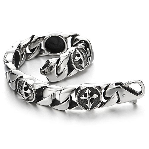 COOLSTEELANDBEYOND Mens Stainless Steel Curb Chain Link Bracelet with Vintage Cross Charms - coolsteelandbeyond