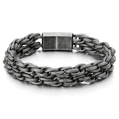 COOLSTEELANDBEYOND Mens Stainless Steel Double-Row Interwoven Link Chain Bracelet, Old Metal Finishing - coolsteelandbeyond